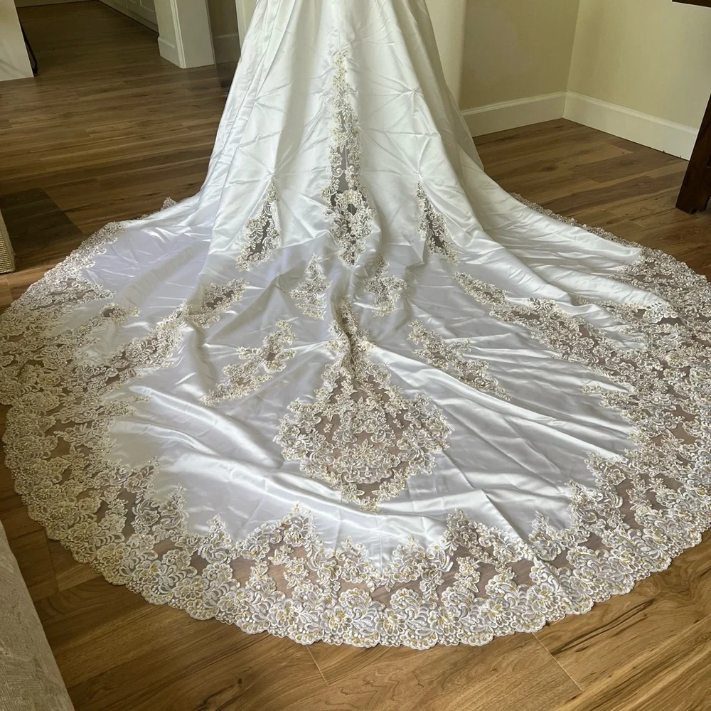 Vintage 1980s Pearl Beaded Wedding Gown | Basque Waist | Cathedral Train - Picture 5 of 16